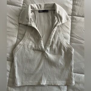 Zara Off-White Ribbed halter collared Top
